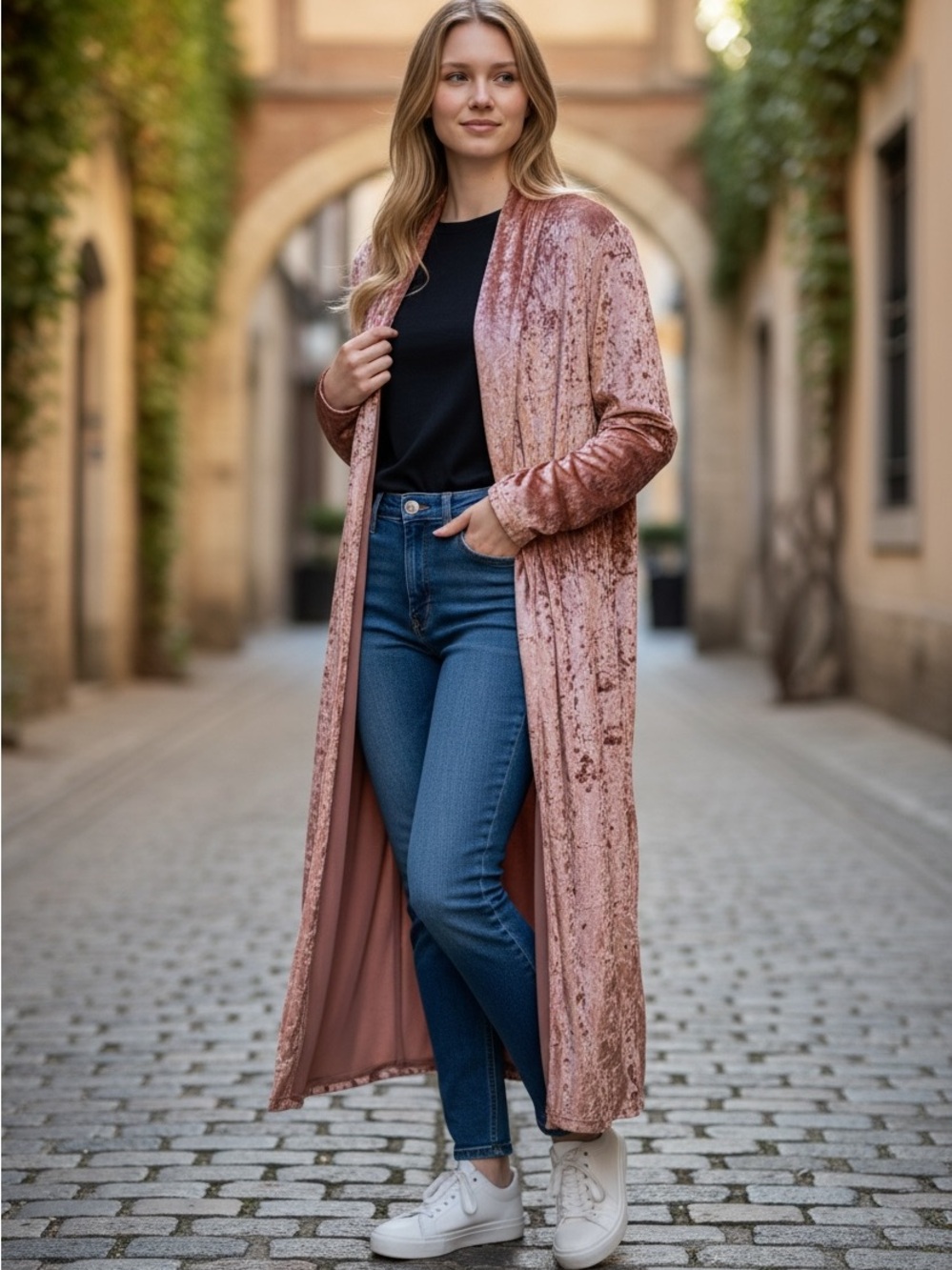 SHEIN Rose Pink Velvet Long Trench Coat